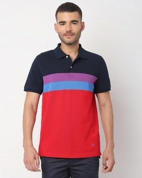 knitted short sleeves chest striped polo t-shirt