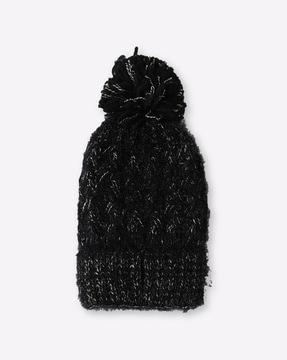 knitted beanie cap with bobble trim