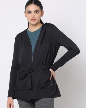 knitted belted hooded jacket