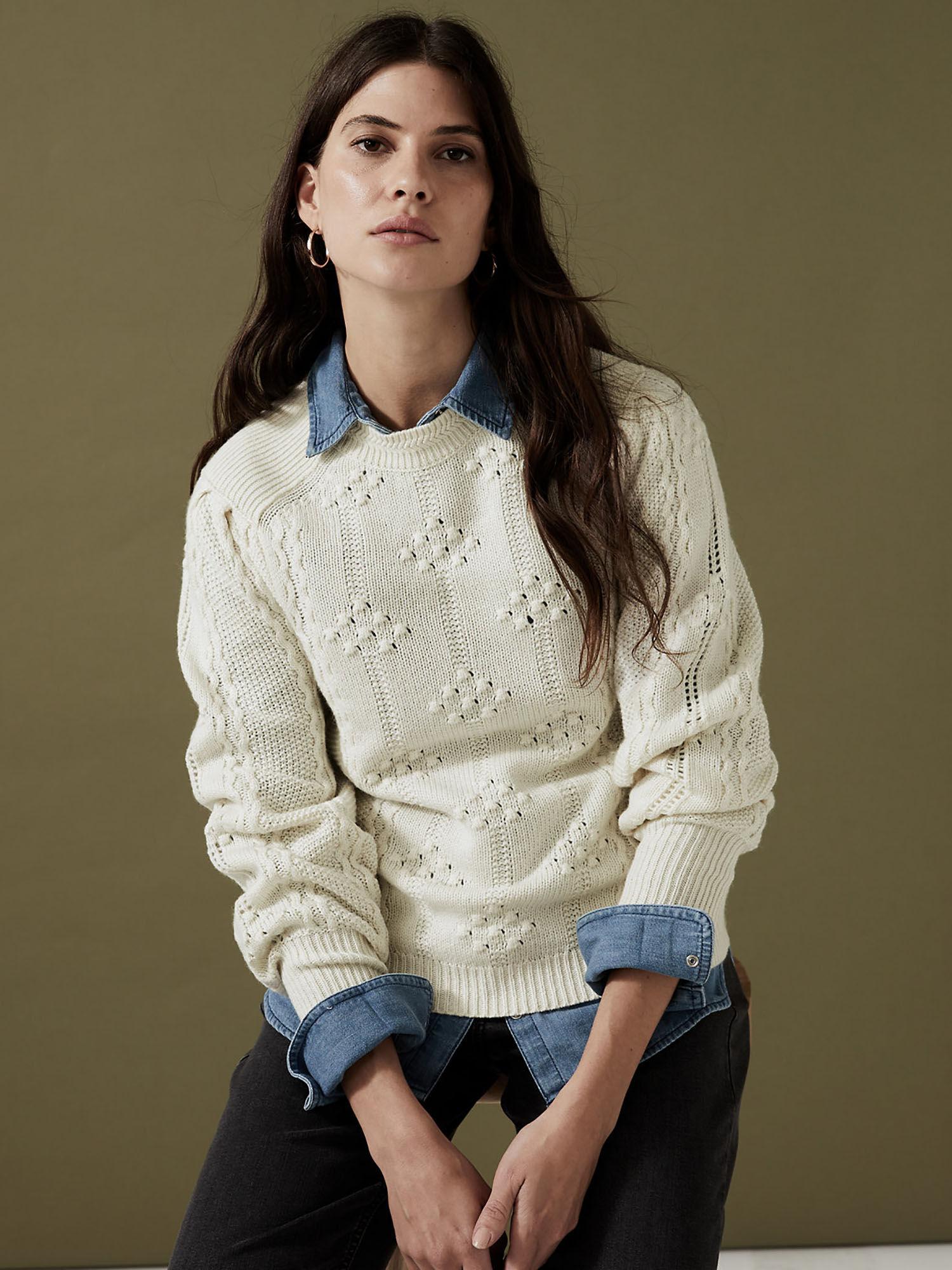 knitted blouson sleeve cream sweater with wool