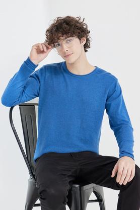 knitted cotton regular fit men's sweater - ocean