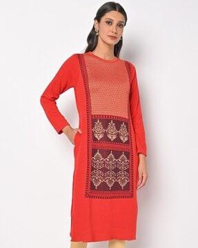 knitted crew-neck straight kurta