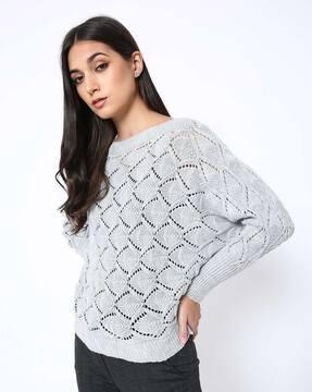 knitted-design boat-neck pullover with dolman sleeves