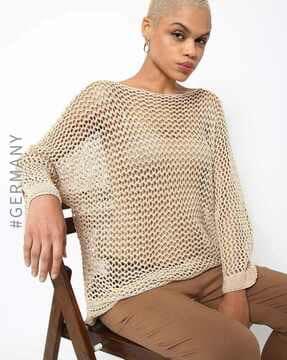 knitted-design boat-neck pullover with dolman sleeves