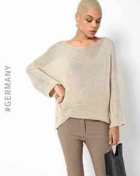 knitted-design boat-neck pullover with dolman sleeves