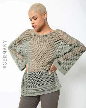 knitted-design boat-neck pullover with dolman sleeves