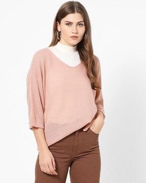knitted-design panelled v-neck pullover with batwing sleeves