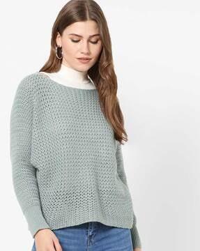 knitted-design round-neck pullover with extended sleeves
