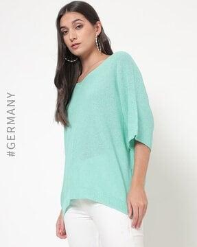 knitted-design v-neck pullover with dolman sleeves