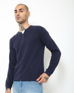 knitted henley pullover with ribbed hems