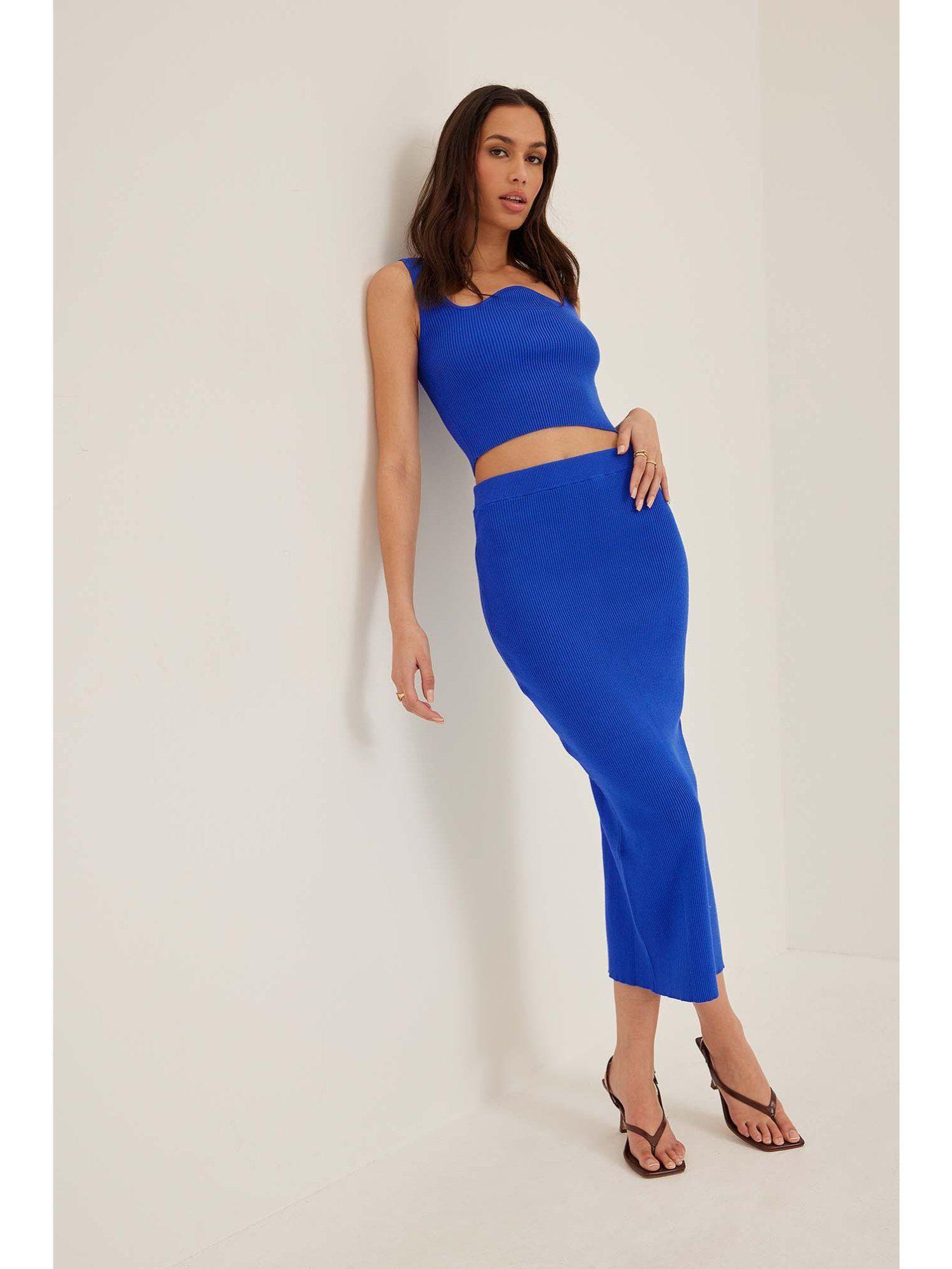 knitted high waist straight skirt-blue