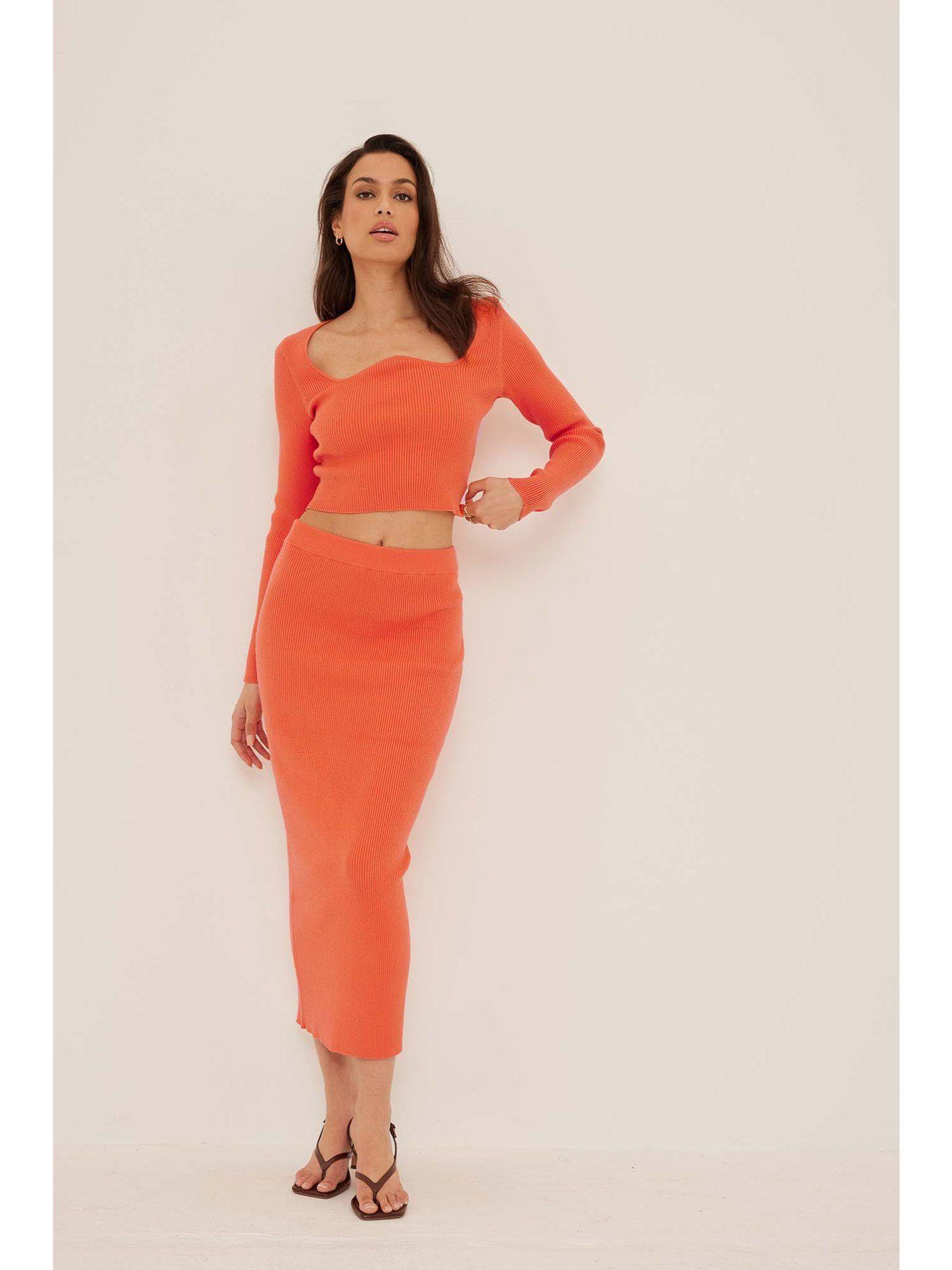 knitted high waist straight skirt-orange