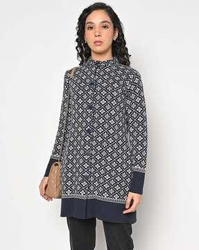 knitted longline cardigan with band collar