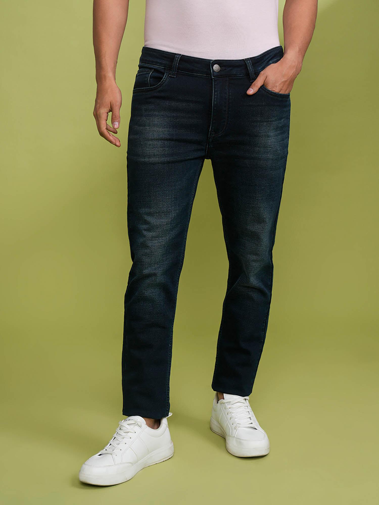 knitted premium mid blue slim jeans