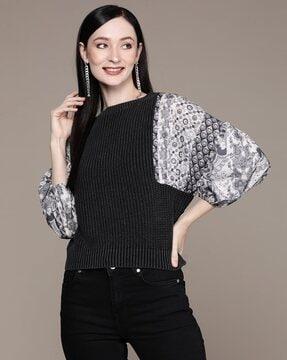 knitted pullover with printed dolman sleeves
