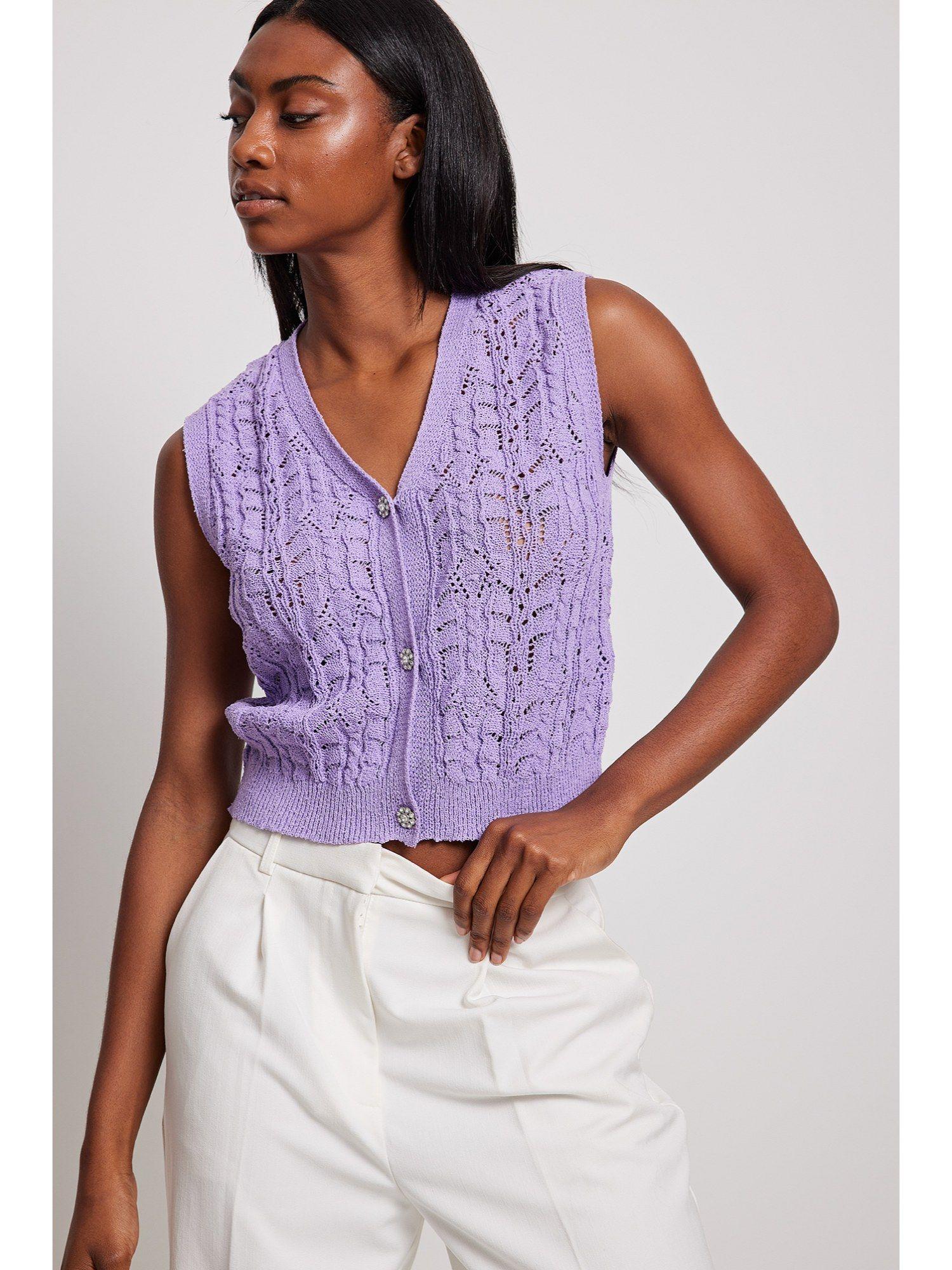 knitted rhinestone button vest lilac