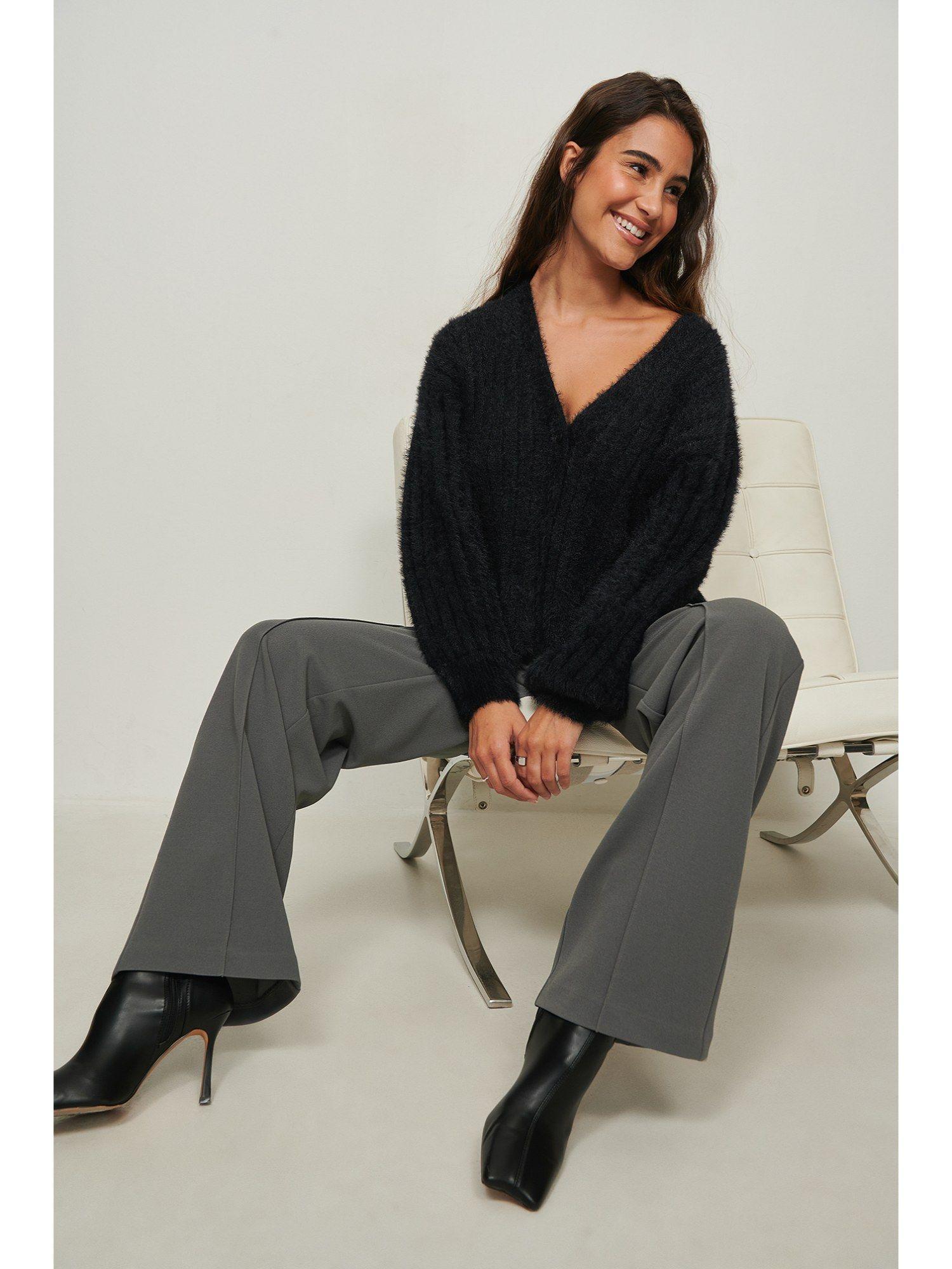 knitted ribbed fuzzy cardigan black