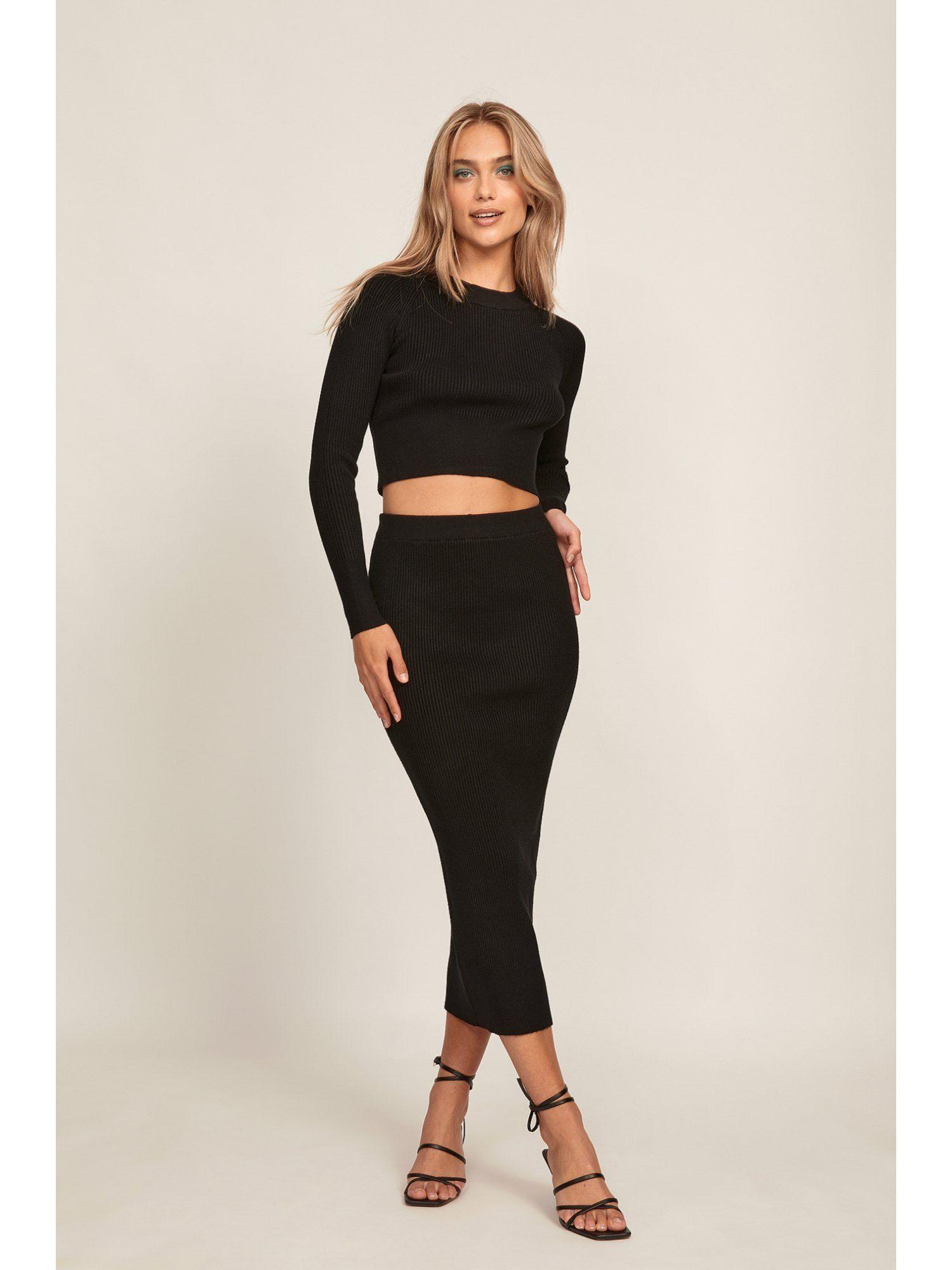 knitted ribbed midi skirt-black