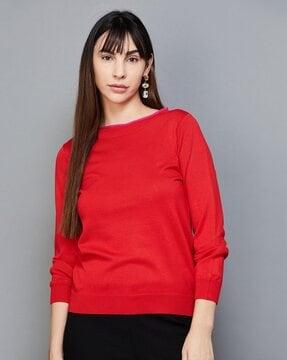 knitted round-neck top with ribbed hem