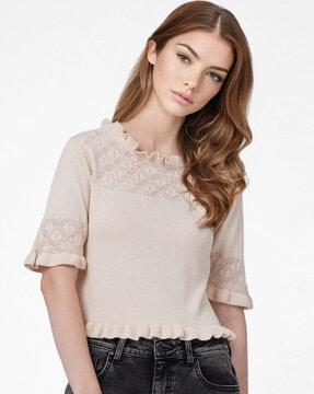 knitted round-neck top with ruffled trims