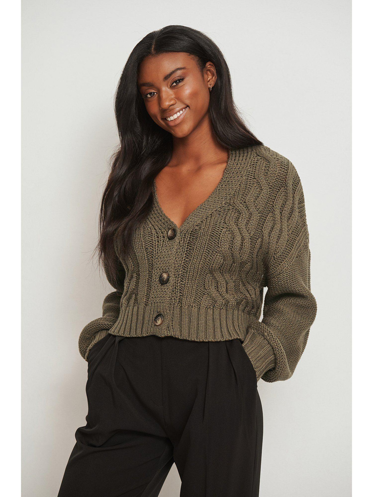 knitted short cable cardigan-khaki