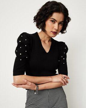 knitted slim fit top with pearl detail