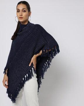 knitted winter poncho with tassels
