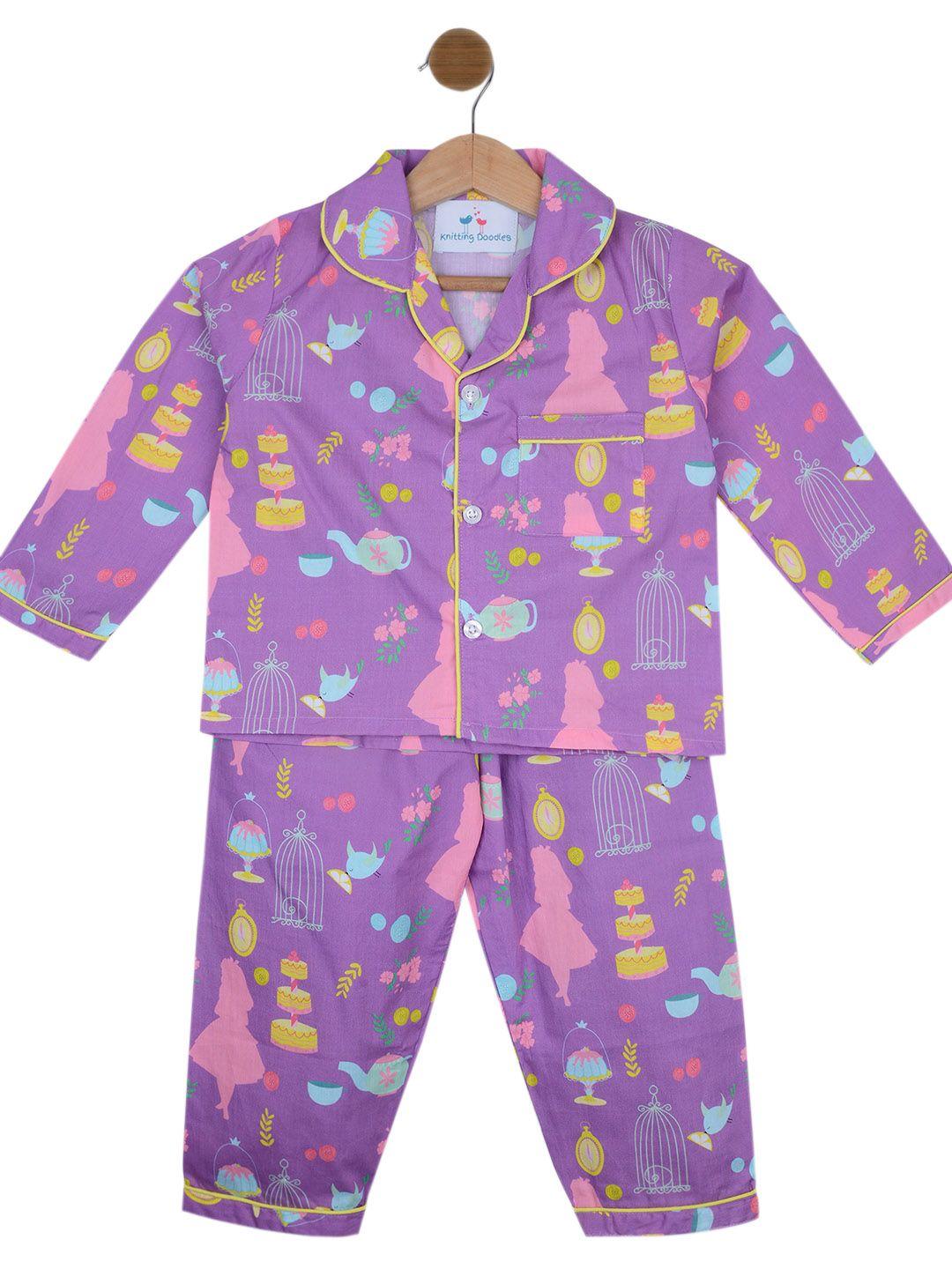 knitting doodles kids purple & pink printed pure cotton night suit