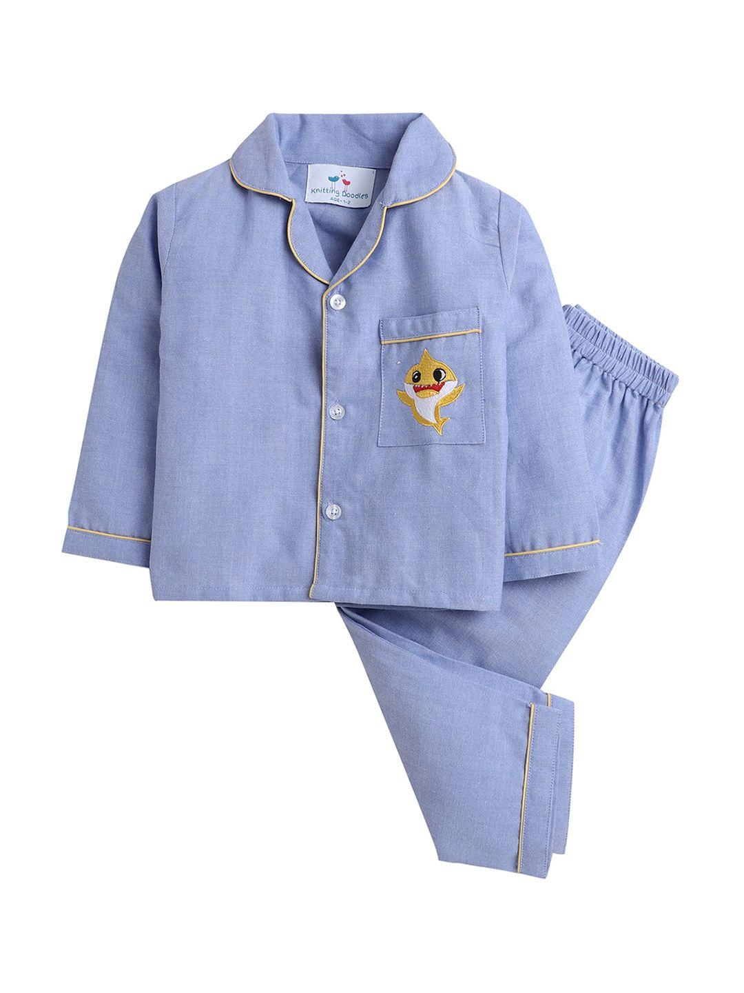 knitting doodles unisex kids blue & brown solid night suit