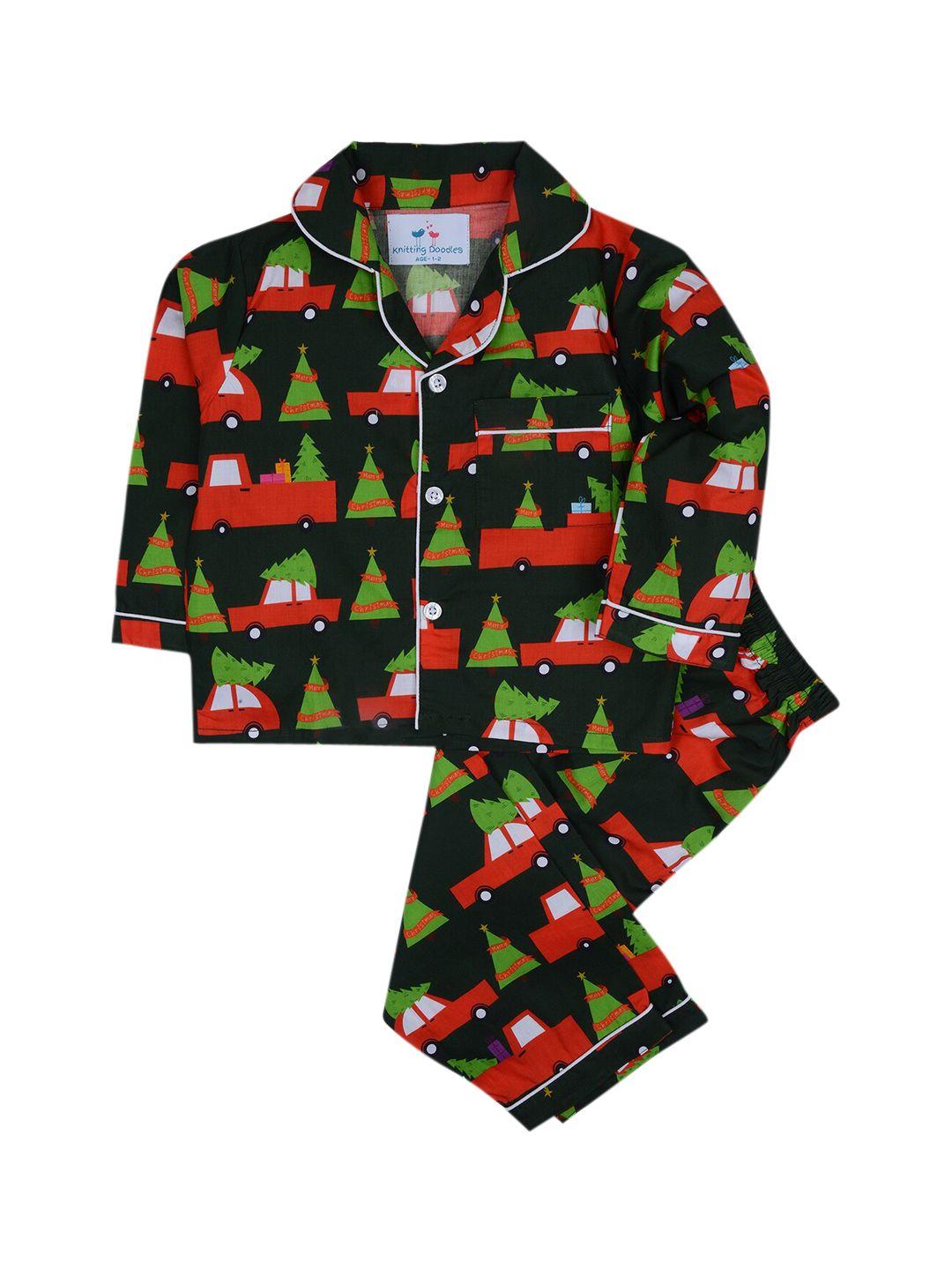 knitting doodles unisex kids green & red printed pure cotton night suit