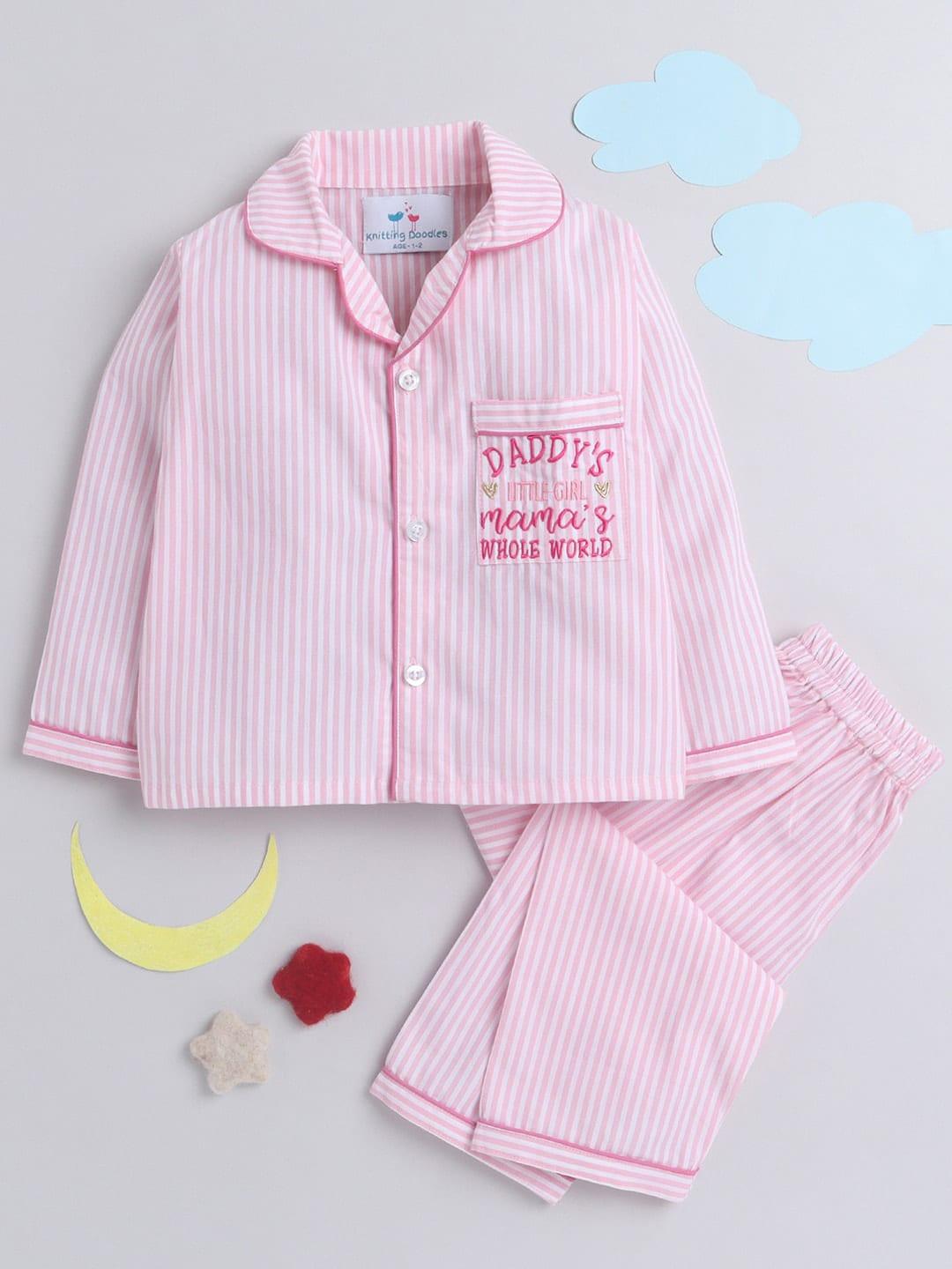knitting doodles kids pink & off white striped night suit