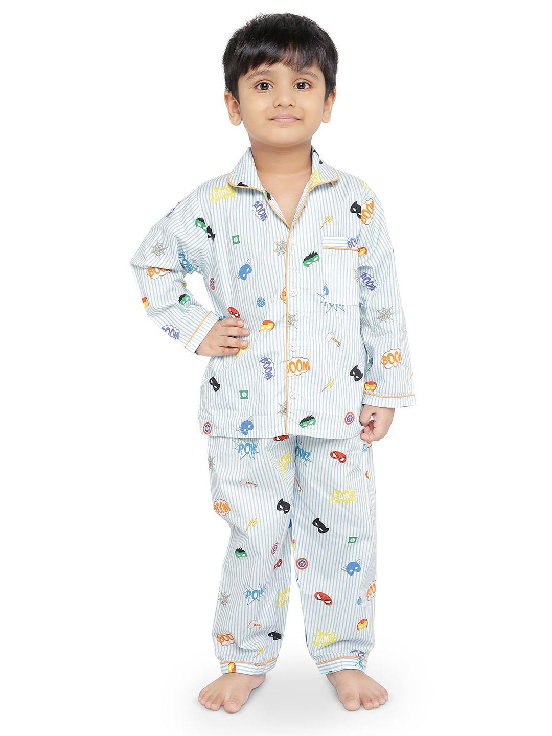 knitting doodles kids white & blue printed pure cotton night suit