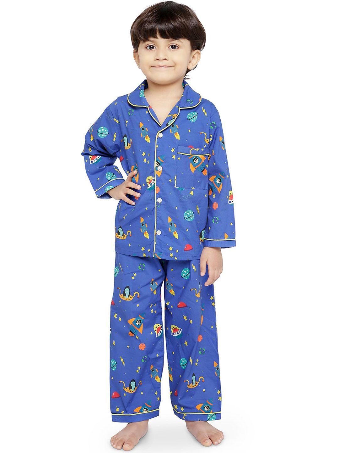 knitting doodles unisex kids blue & yellow printed night suit