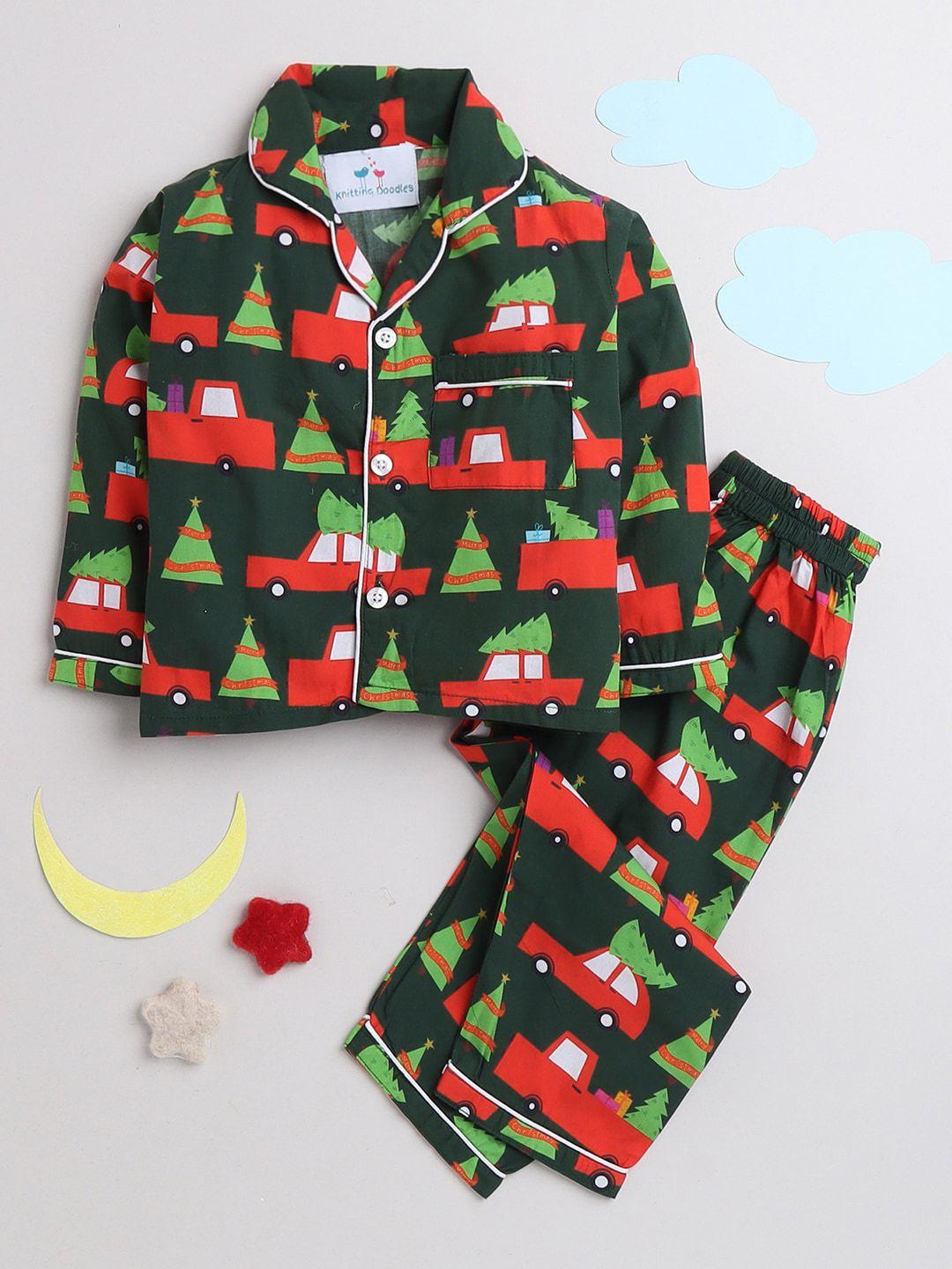knitting doodles unisex kids green & red printed night suit