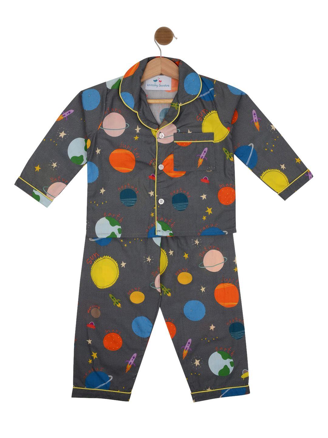 knitting doodles unisex kids grey & orange solar system print night suit