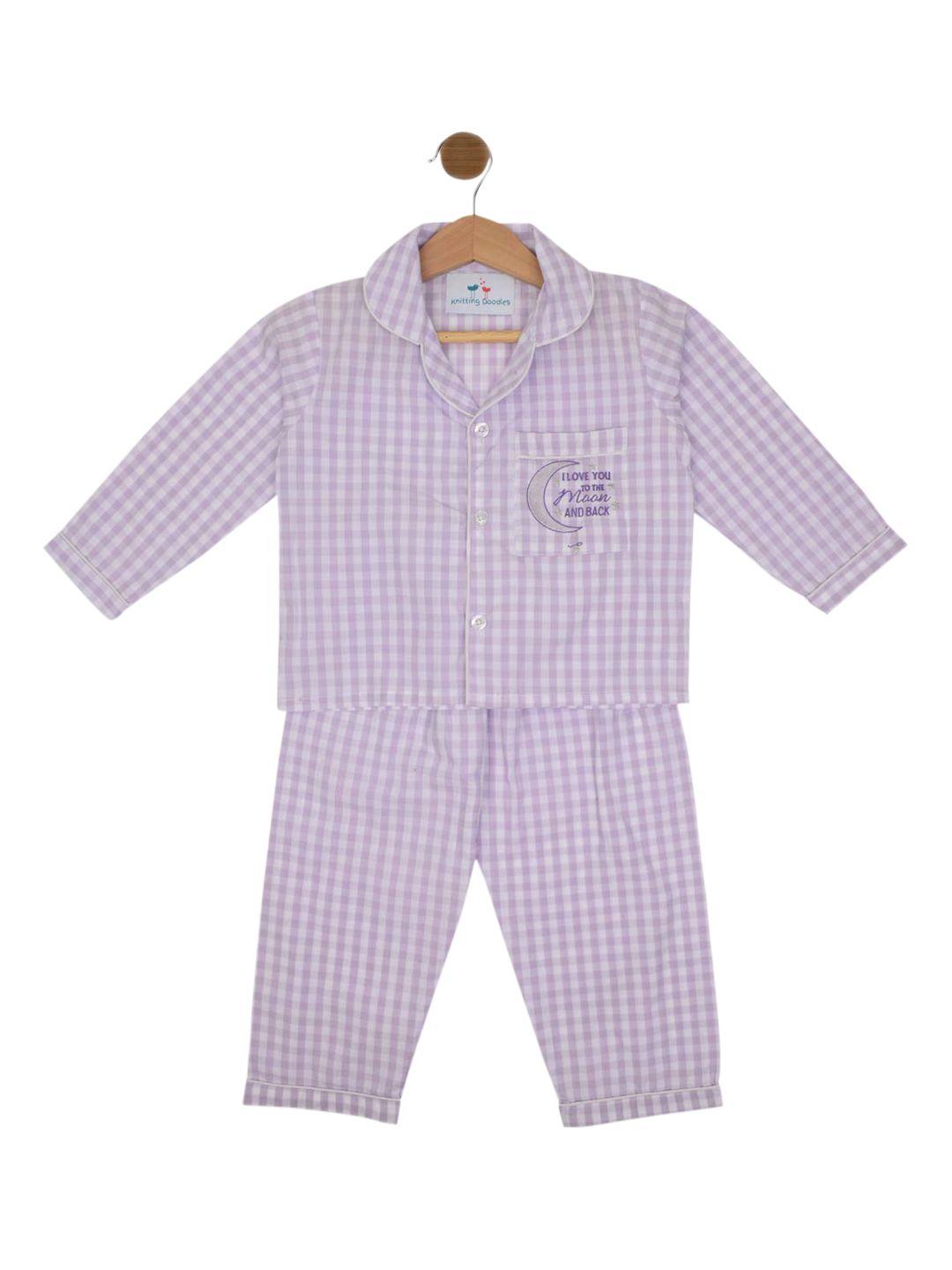 knitting doodles unisex kids purple & white checked night suit