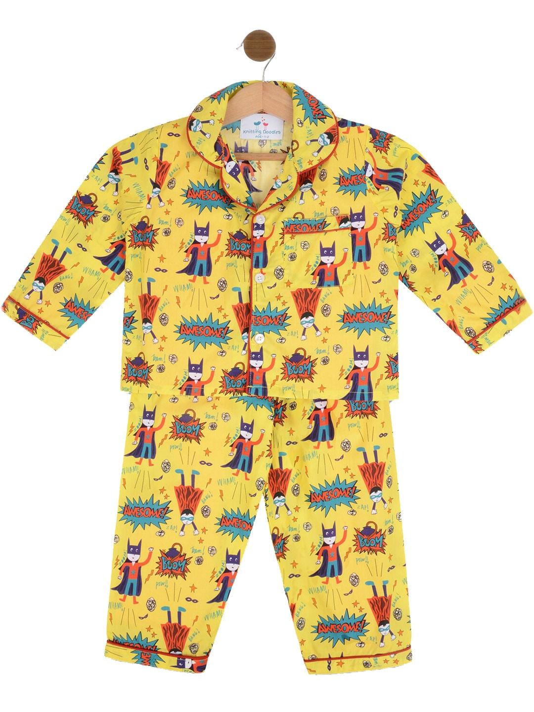 knitting doodles unisex kids yellow & multicoloured printed night suit