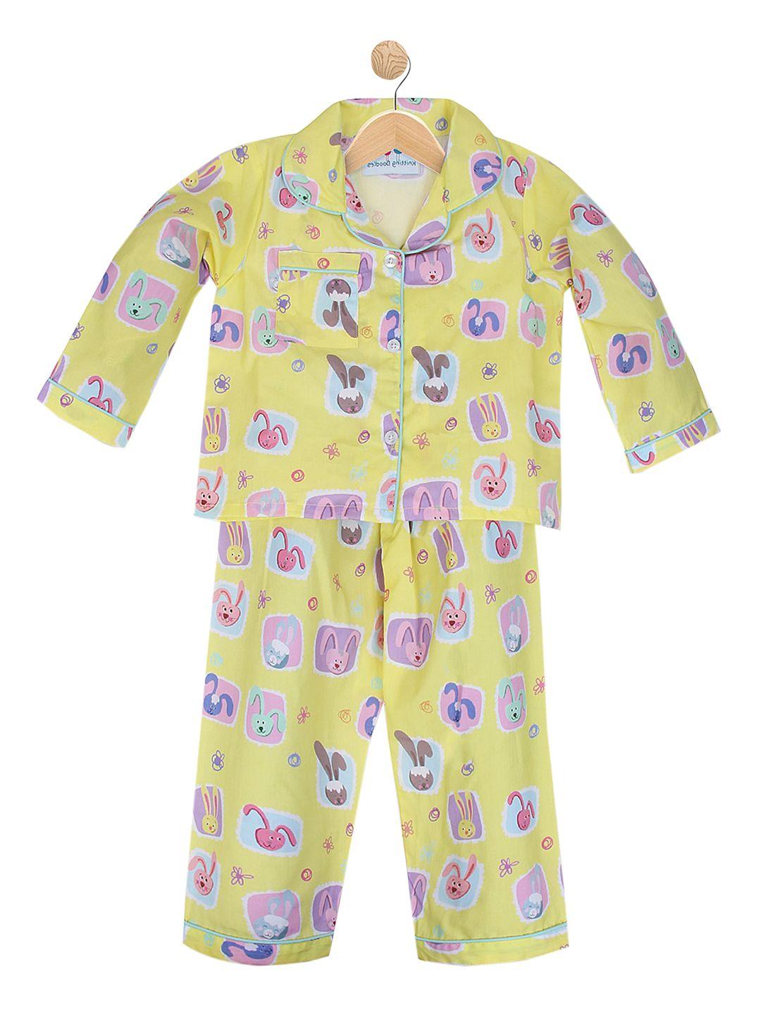 knitting doodles unisex kids yellow & purple bunny printed night suit