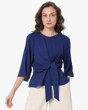 knot-front round-neck top