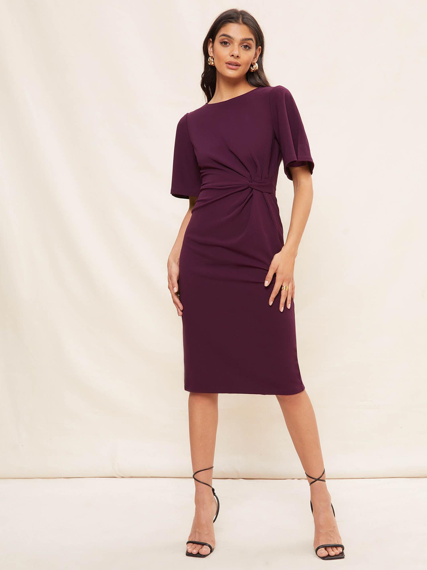 knot solid half sleeves midi dress-wine