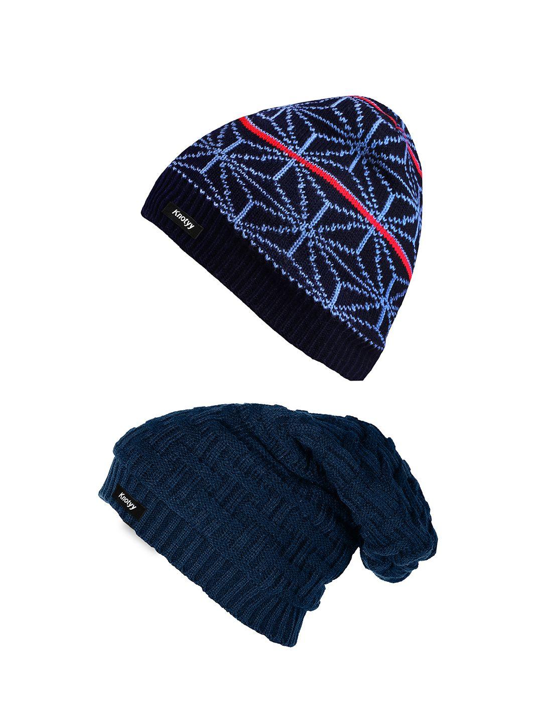 knoty pack of 2 men blue & teal blue self design beanie