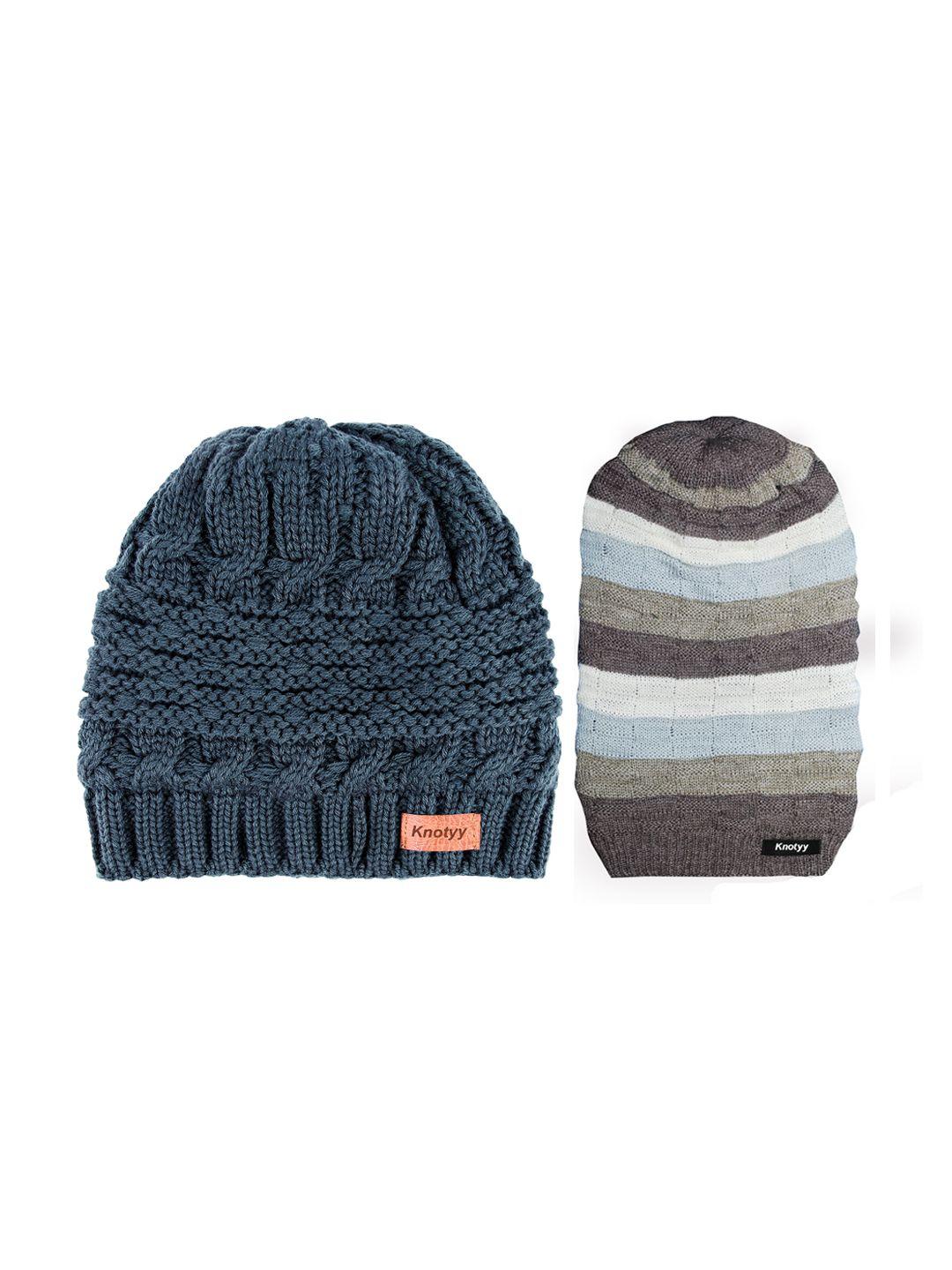 knotyy men pack of 2 blue & brown solid beanies