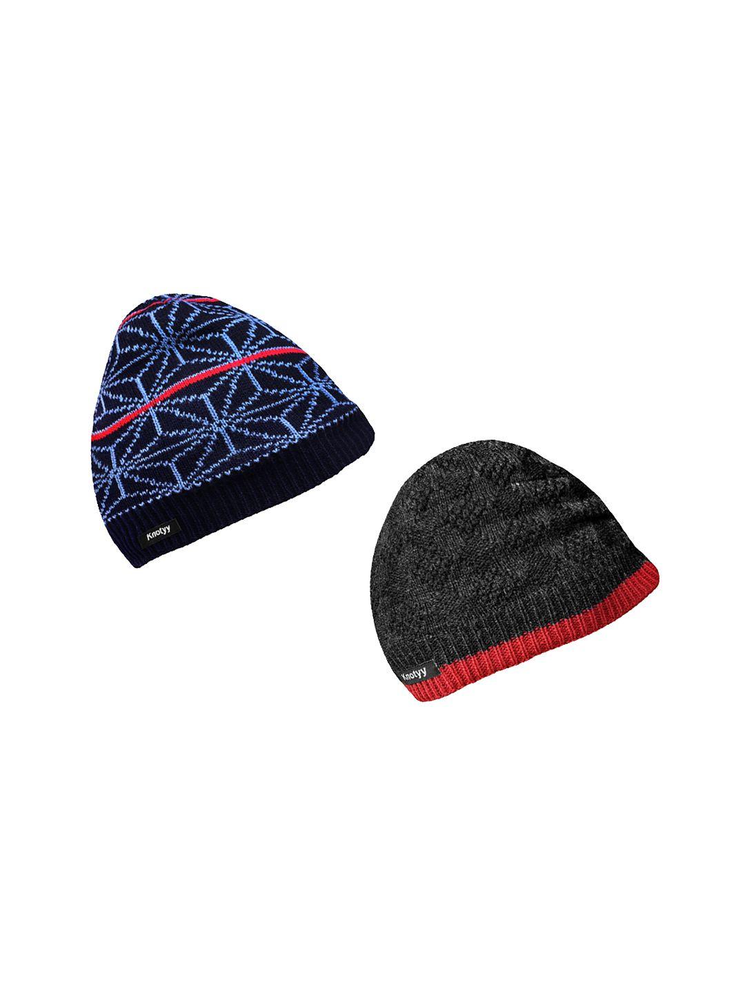 knotyy men pack of 2 blue & charcoal black self design beanie