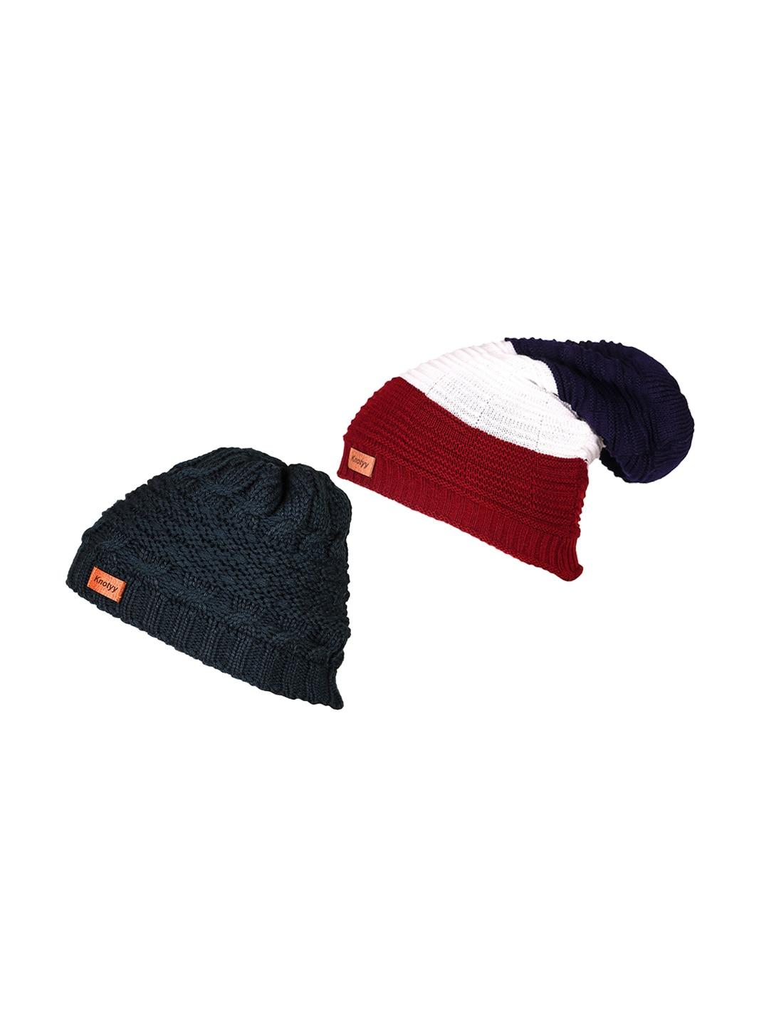 knotyy men set of 2 blue and red solid beanie