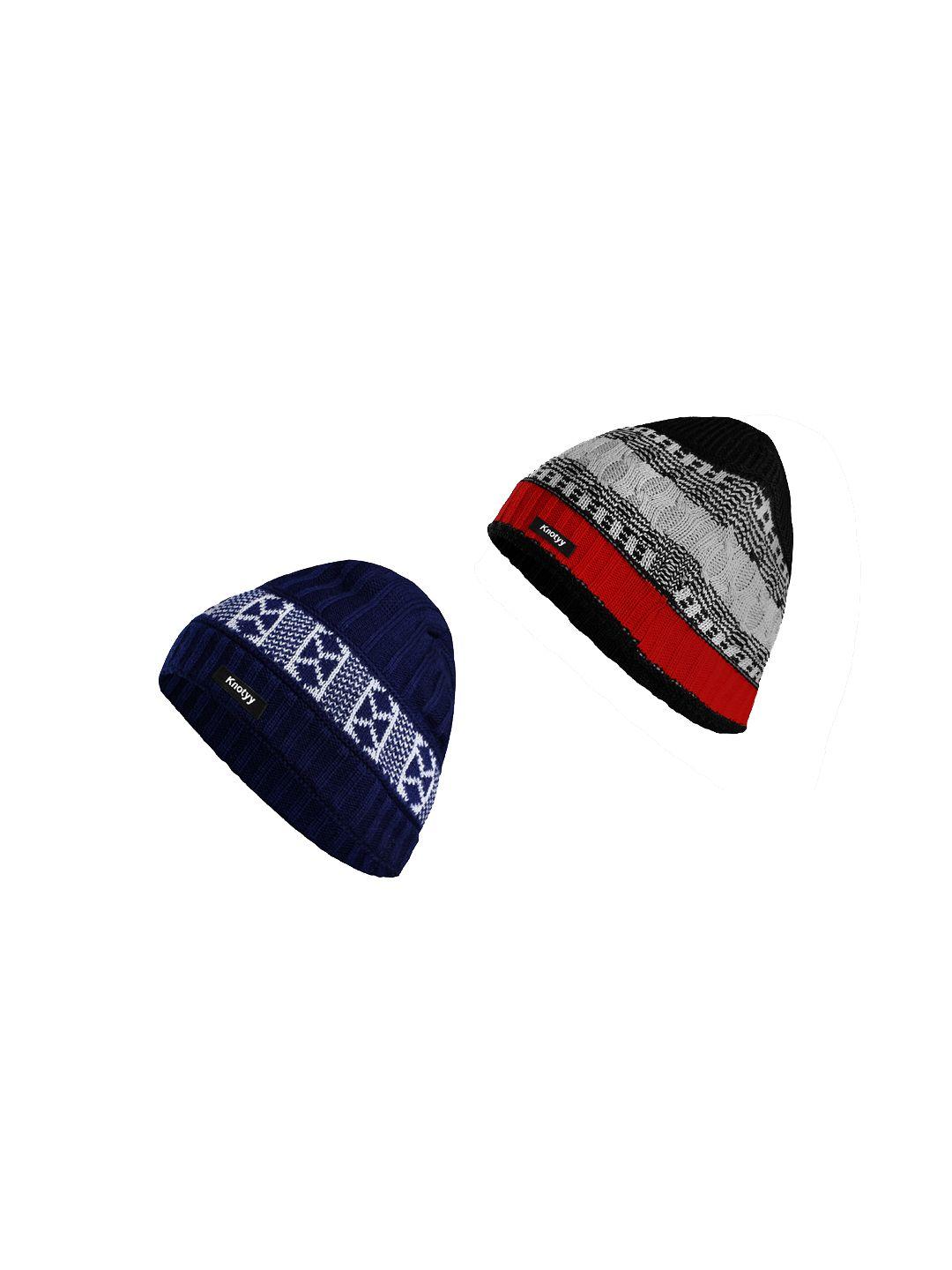 knotyy men pack of 2 blue & grey self design beanie