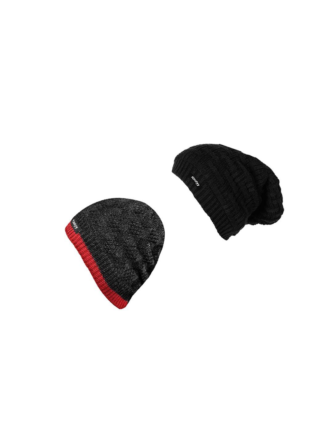 knotyy pack of 2 unisex black self design beanie