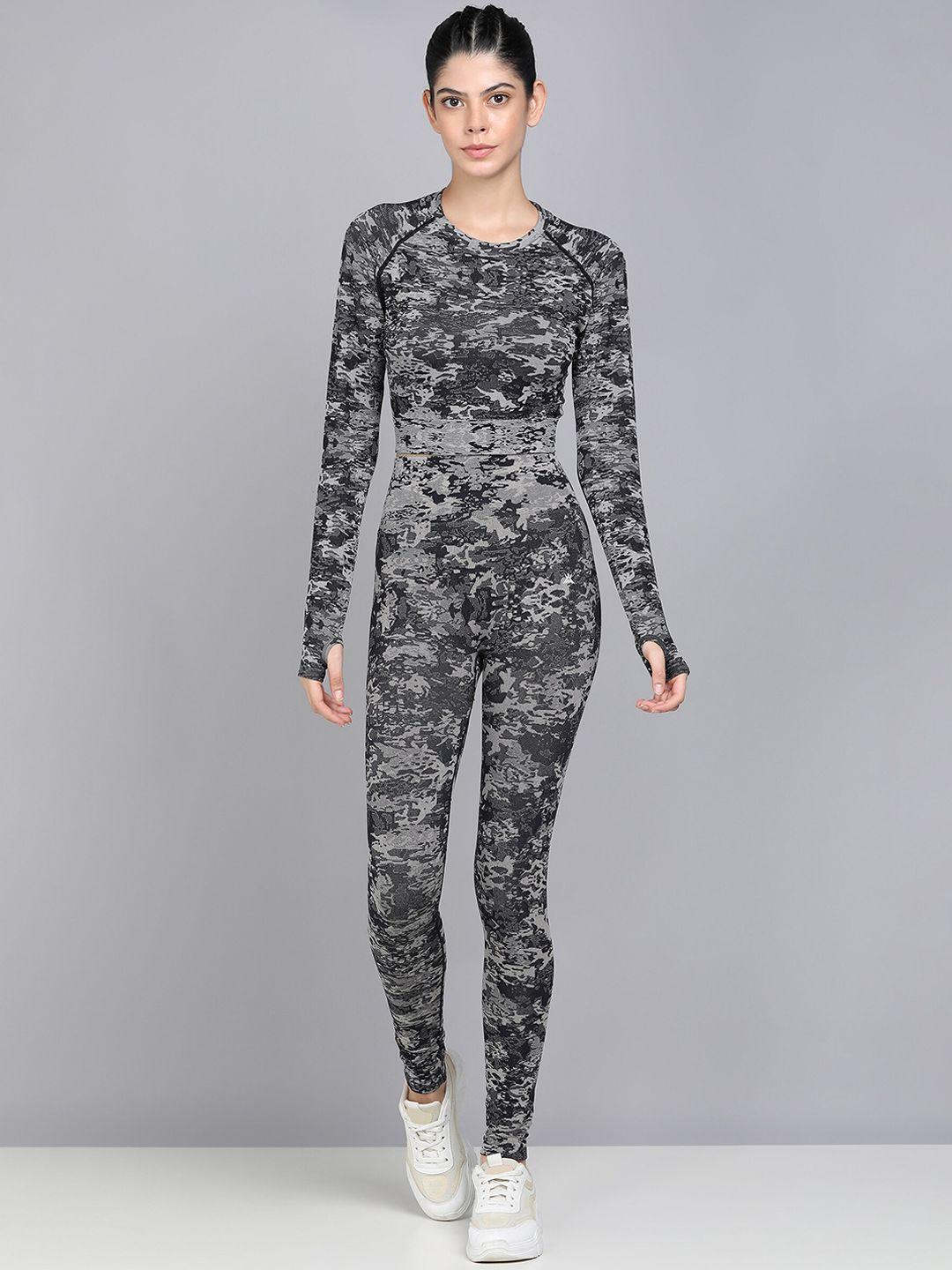 kobo camouflage printed sweat wicking long sleeves sport top & tights tracksuit