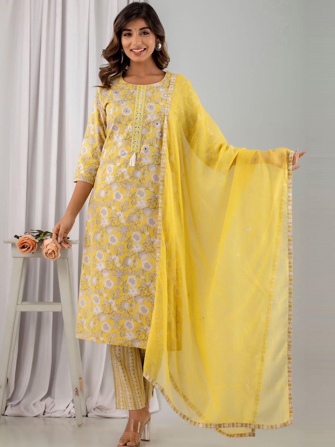 kohsh floral printed mirror work pure cotton kurta with trousers & dupatta