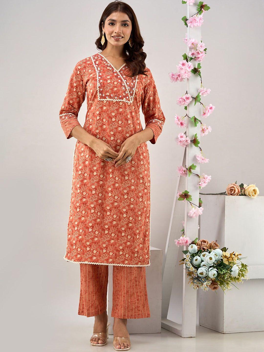 kohsh floral printed regular mirror work pure cotton kurta with trousers & dupatta