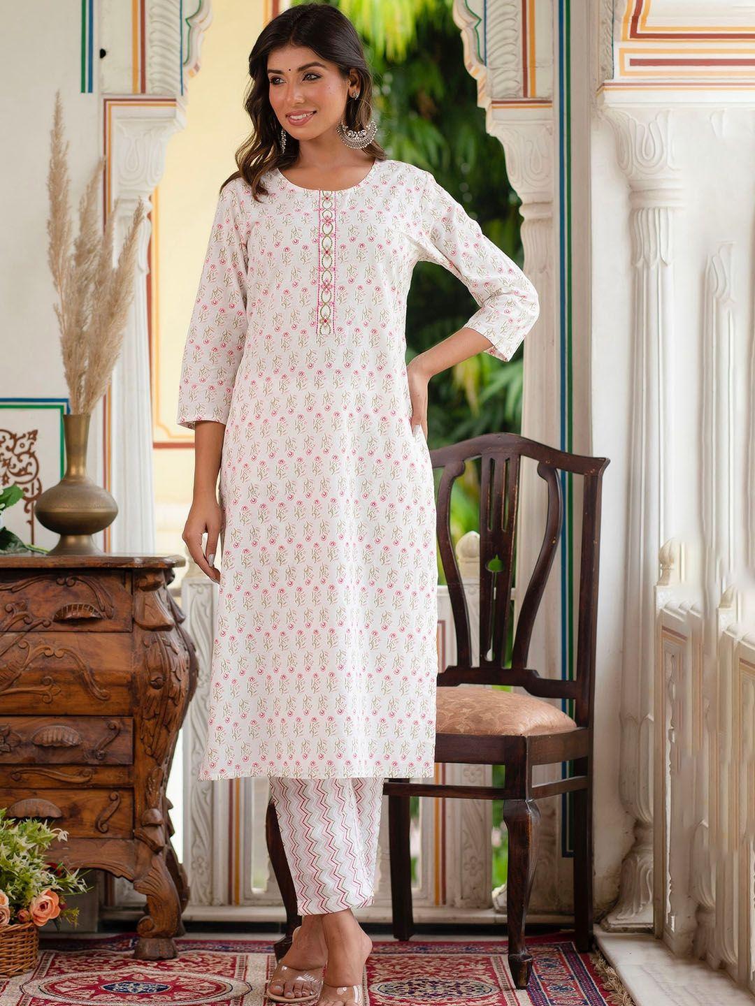 kohsh floral printed thread work pure cotton kurta with trousers